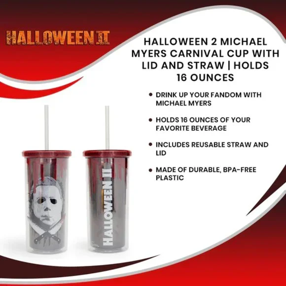 LAST ONE!! HALLOWEEN 2 MICHAEL MYERS CARNIVAL CUP WITH LID AND STRAW - Picture 3 of 7
